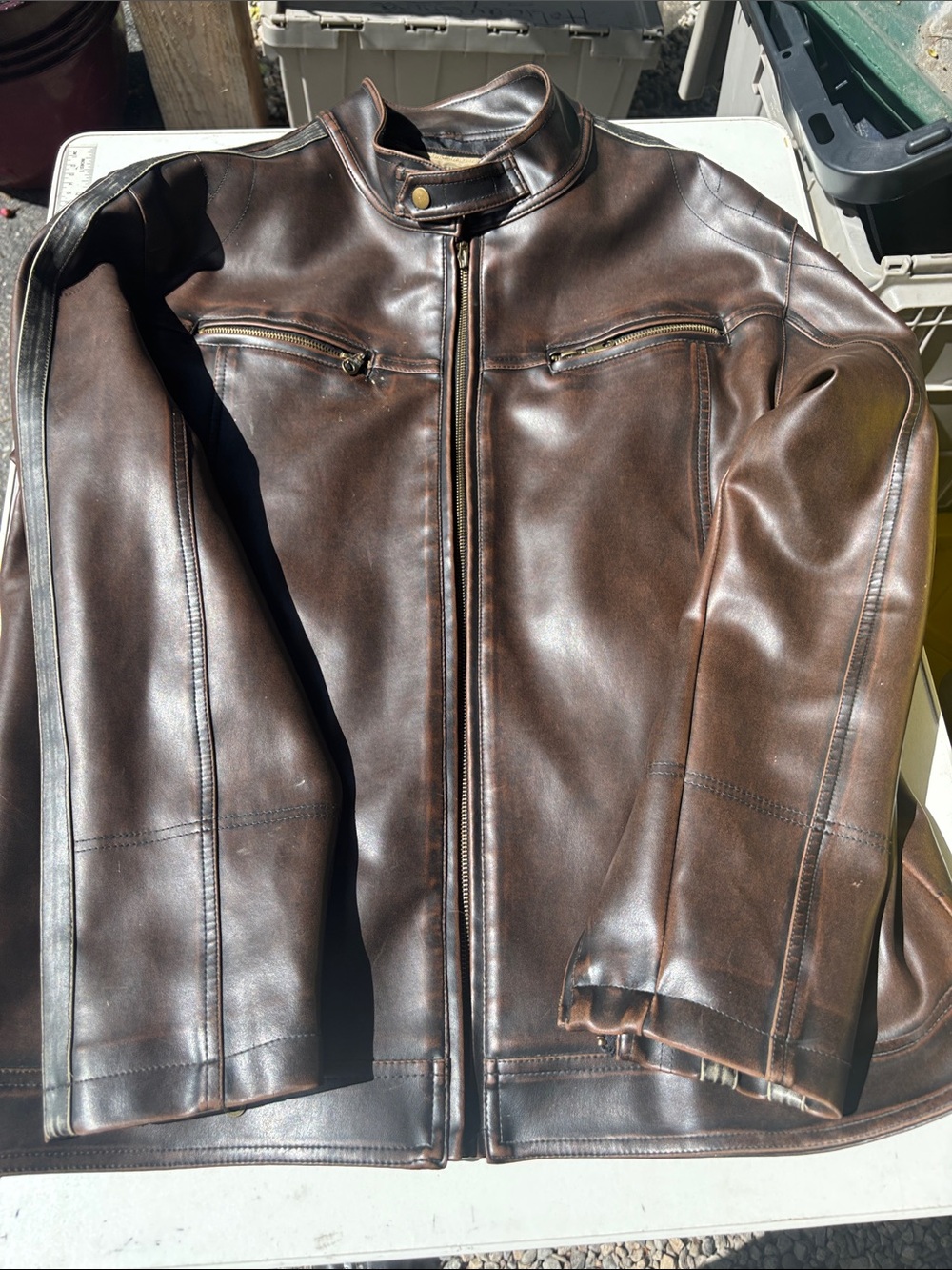 Machine Brown Leather Bomber Jacket with Racing Stripes - Picture 5 of 7